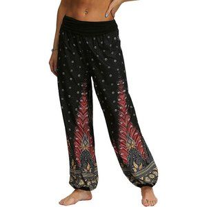 WOMEN'S Harem Hippie High Waist Pants, Feather Black